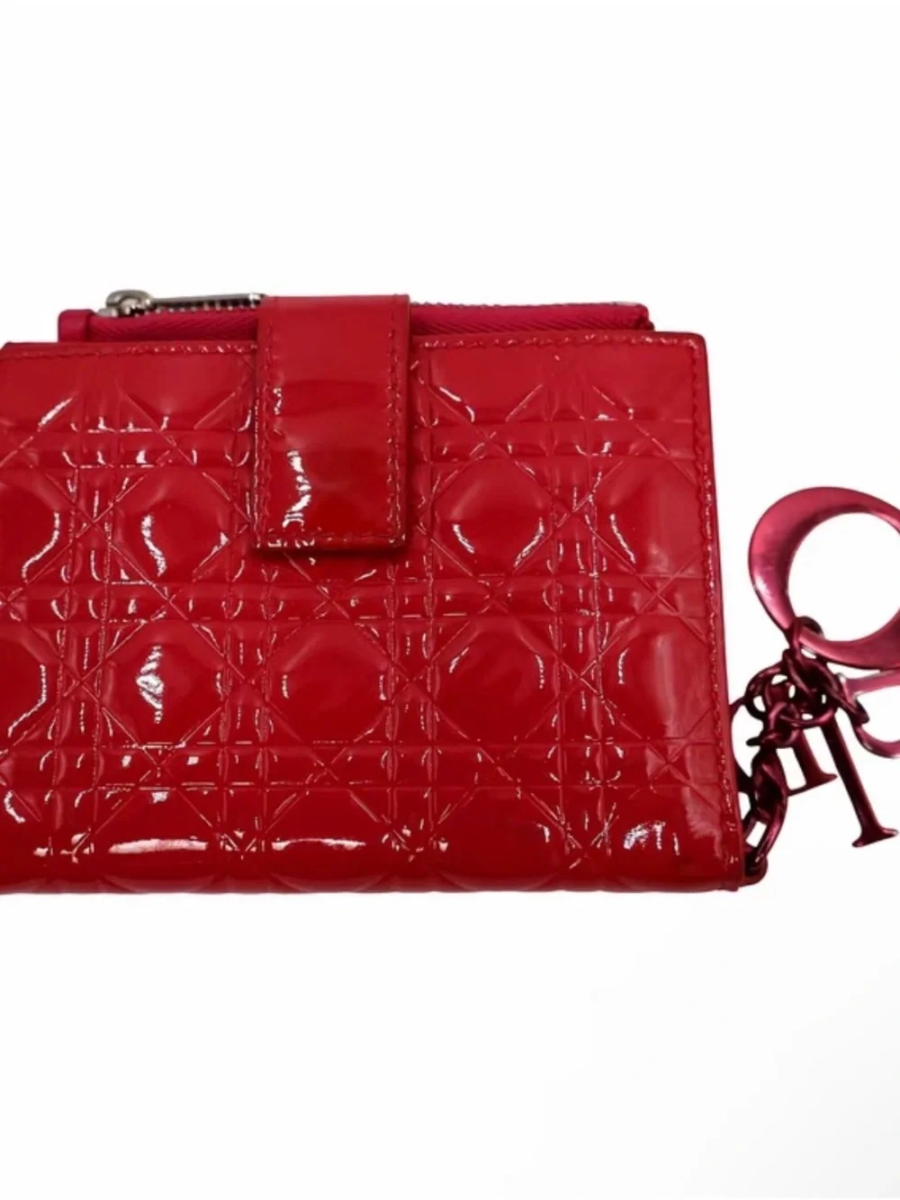 Pre-Owned Lady Dior Red Patent Leather Quilted Wallet with Charm & COA